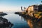 Cascais lighthouse and Santa Marta Museum in Cascais town, Lisbon, Portugal at sunrise