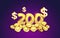 Cash back 200 dollar Percentage golden coins, financial save off. Vector illustration