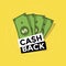 Cash back icon on yellow background. Cash back or money refund label.