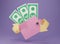 Cash back sign with Pink leather wallet, dollars Banknote and arrow. 3d render with pink purse and cash on purple background.