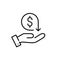 Cash back symbol. Hand holding a dollar sign with renew arrow. Pixel perfect, editable stroke