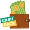 Cash back wallet with golden coins and green paper money. cash back in wallet. cashback or money refund label. flat style