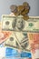 Cash banknotes and coins background. The background of the American and Russian money banknotes and coins.