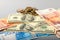 Cash banknotes and coins background. The background of the American and Russian money banknotes and coins.