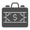 Cash briefcase solid icon. Suitcase with dollar banknote symbol, glyph style pictogram on white background. Money