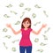 Cash / money / bank notes /currency bills falling around successful happy young business woman isolated in white background.