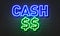 Cash neon sign on brick wall background.