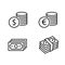 Cash paper money stack and dollar and euro coin black outline icon set with shadow. Business financial pictograms