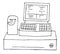 Cash register with a screen and a keyboard in the store, vector element in doodle style