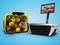 Cash register for weighing fruits in supermarket with basket 3d render on blue background with shadow