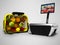 Cash register for weighing fruits in supermarket with basket 3d render on gray background with shadow
