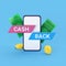 Cashback 3d render icon and money refund cartoon illustration. Payment, reward online business offer and transfer app