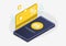 Cashback and money refund icon concept. Yellow bank credit card with online payment reward points. Loyalty program and