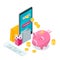 Cashback online service concept. Vector isometric 3d illustration. Icons for cash back or transfer payments mobile apps