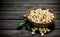 Cashews in a bowl with leaves