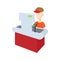 Cashier behind cash register icon, cartoon style