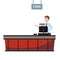 Cashier behind the cashier counter in the supermarket, shop, store. Vector, illustration, cartoon style, isolated