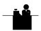 Cashier Icon. Black and white pictogram depicting checkout counter with cash register and stick figure. Vector file