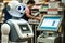 cashier robot, checking out customer& x27;s purchases and processing payment