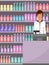 The cashier at the supermarket, shop assistant, cash register, shelves with household chemicals in shop. Vector illustration, flat