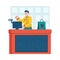 Cashier in supermarket welcoming clients, flat vector illustration isolated.