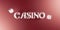 Casino background with dice and casino 3d sign. Online casino wide banner. Top view of white dice and casino lettering