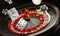 Casino background. Luxury Casino roulette wheel on black background. Online casino theme. Close-up white casino roulette with a