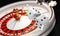 Casino background. Luxury Casino roulette wheel on black background. Online casino theme. Close-up white casino roulette with a