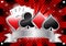 Casino banner with card suits, four aces and silver ribbon on red and black halftone background vector