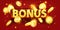 Casino bonus banner, golden flying coin, light bulbs, vector red promotion jackpot prize background.