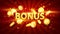 Casino bonus banner, vector red promotion jackpot prize background, golden flying coin, light bulbs.