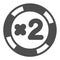 Casino bonus chip, blackjack double bet coin solid icon, gamblimg concept, poker token vector sign on white background