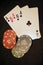 Casino cards and chips. Card deck and poker chips.