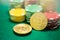 Casino chips and bitcoin cryptocurrency on green table