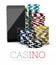 Casino Chips and Smart Phone, online casino concept, 3d Illustration isolated white