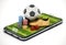 Casino chips, soccer ball and dice standing on smartphone with football pitch. 3D illustration