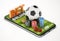 Casino chips, soccer ball and dice standing on smartphone with football pitch. 3D illustration