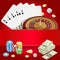 Casino concept. Casino background with cards, chips, craps and roulette. Flat 3d vector isometric illustration