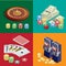 Casino concept. Casino background with cards, chips, craps and roulette. Flat 3d vector isometric illustration