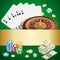 Casino concept. Casino background with cards, chips, craps and roulette. Flat 3d vector isometric illustration