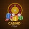 Casino gambling game with gold coin, chips, roulette wheel and dice
