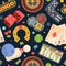 Casino gambling seamless pattern. Yellow horseshoe of luck three sevens bingo bowling red square dice roulette with bets