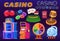 Casino gambling vector illustration set, cartoon flat collection for gamer with jackpot gaming slot machine, poker cards