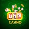 Casino gold text effect with gold coin flying, slot machine and dice on green background