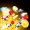 Casino and jackpot background - gambling chips, dice and money, coins