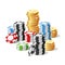 Casino and jackpot - gambling chips heap and rouleau of coins, fortune