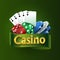 Casino logo on a green ribbon. The best casino games. Dice, cards, chips. Vector illustration