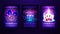Casino night, set of invitation posters with neon casino elements. Posters with digital hologram of slot machine, Casino Roulette