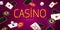 Casino online banner with aces playing cards, chips and dices