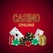 Casino online gambling game with playing cards, chips and dice